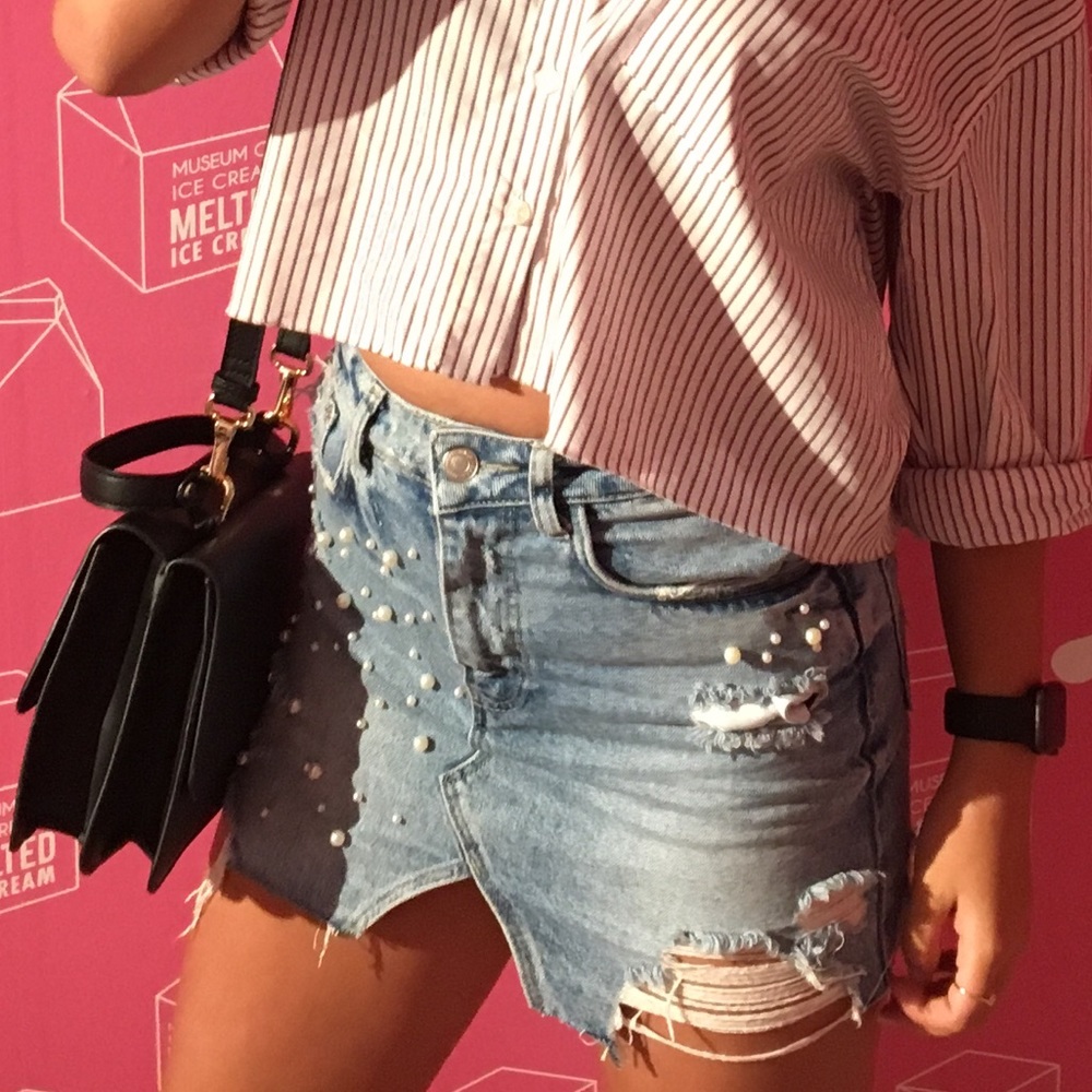 ZARA light blue denim skirt with pearls
